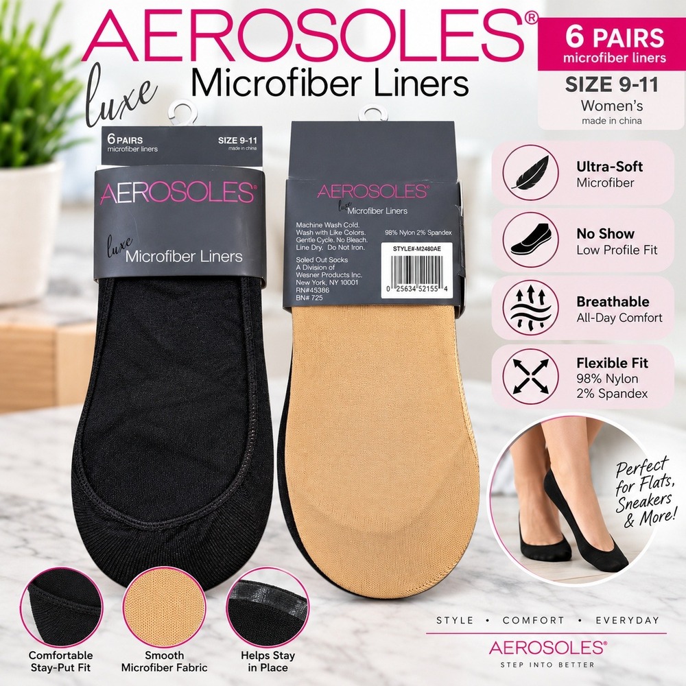 Aerosoles Luxe Microfiber Liners 6 Pairs Women 9-11 Black Nude No Show Socks